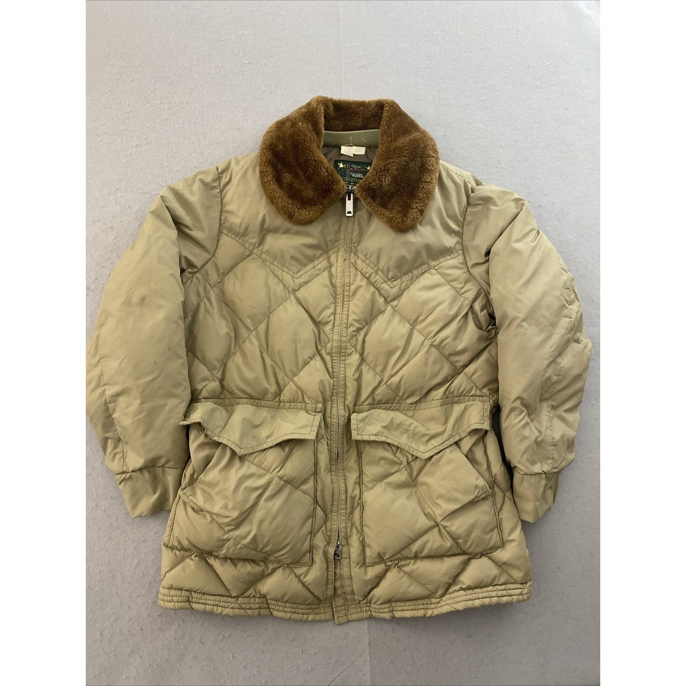 Vtg Walls Blizzard-Pruf Beige Goose Down Quilted Jacket Fur Collar USA Men's XL